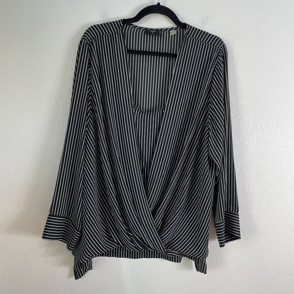 Tahari Woman Plus 2X Black White Striped Drape Front Blouse Long Sleeve Shirt - Picture 6 of 9